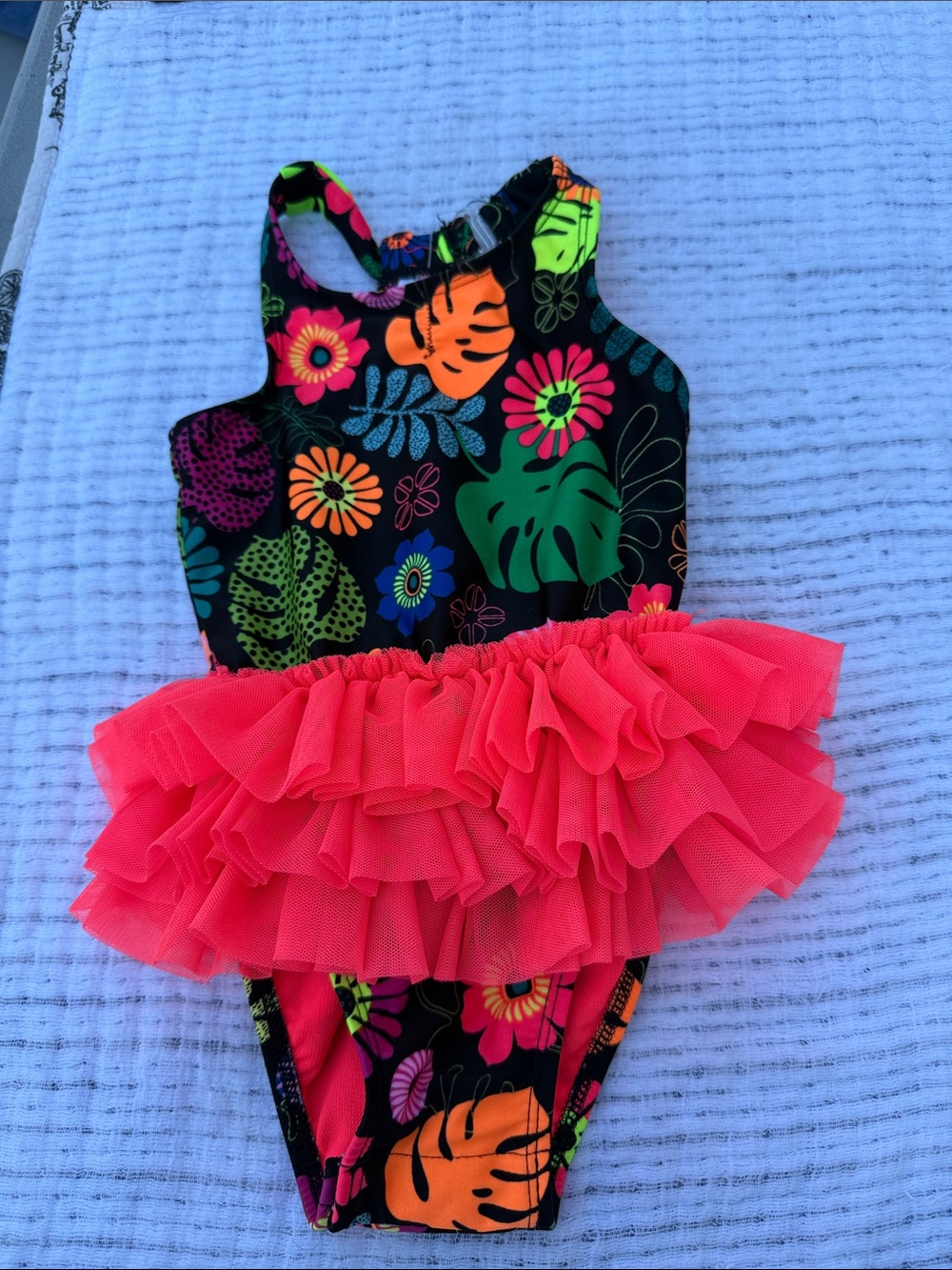 Cat & Jack Black Floral One-Piece Swimsuit with Neon Pink Ruffle